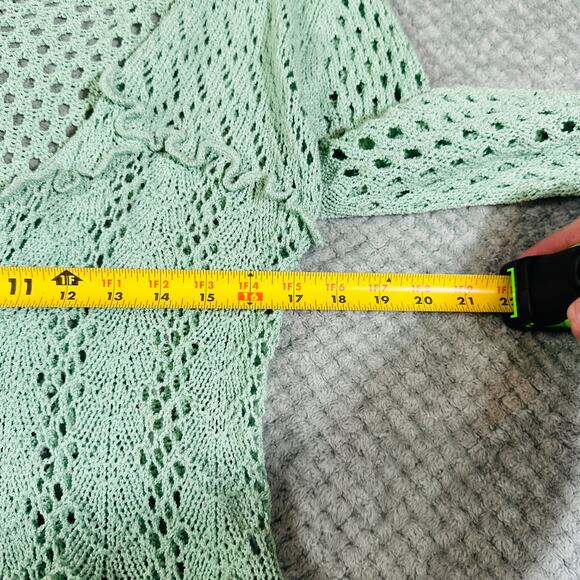vintage y2k light green crochet boho slouchy open front cardigan knit sweater xl - Picture 7 of 7